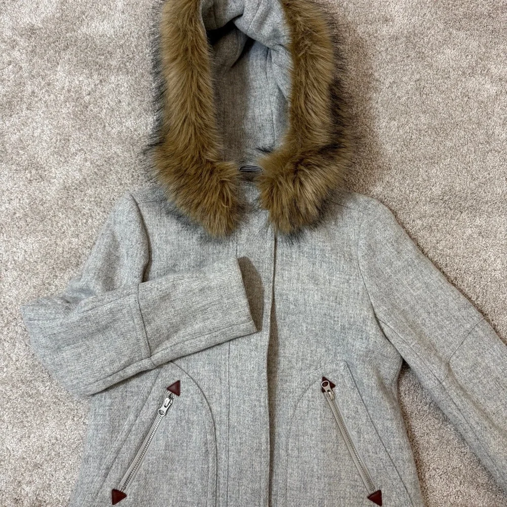J.Crew Chateau Parka Italian Stadium-Cloth Wool Grey‎ Faux Fur Hood Coat Size 0 - Picture 2 of 11